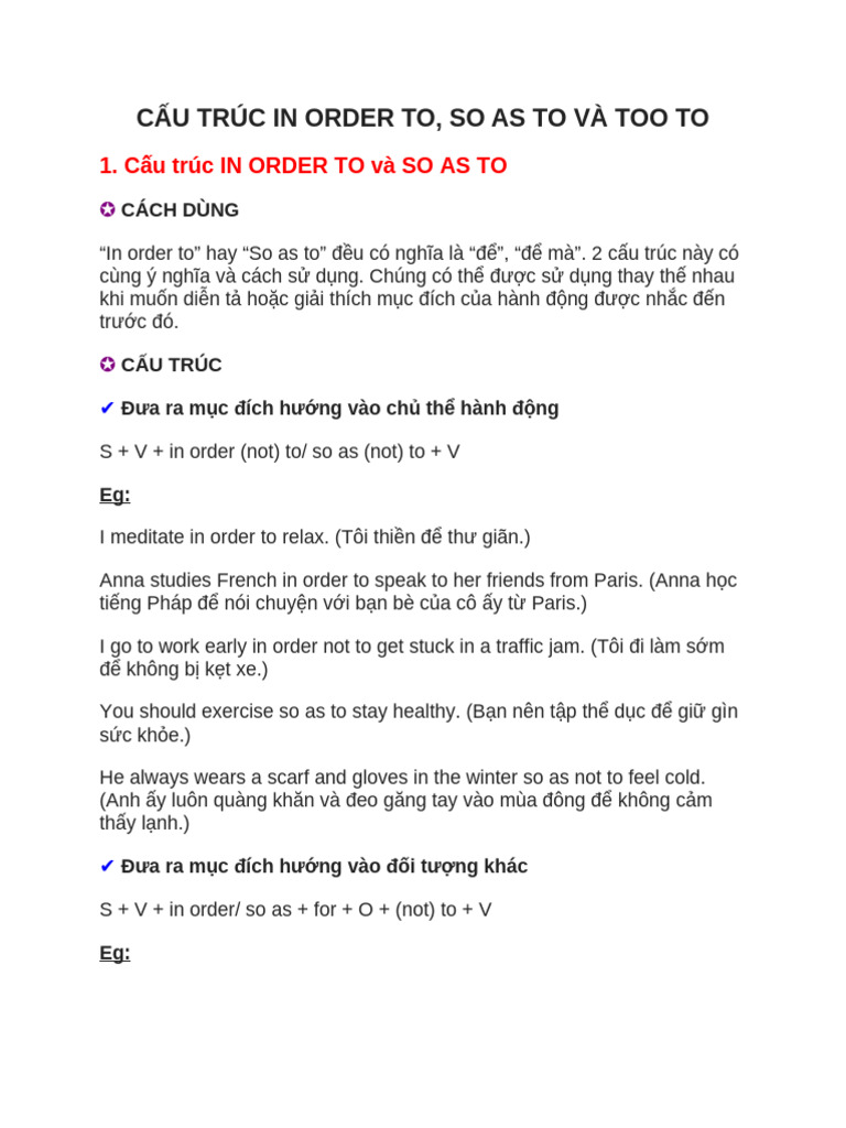 Cấu Trúc in Order to, So as to, Too To | PDF