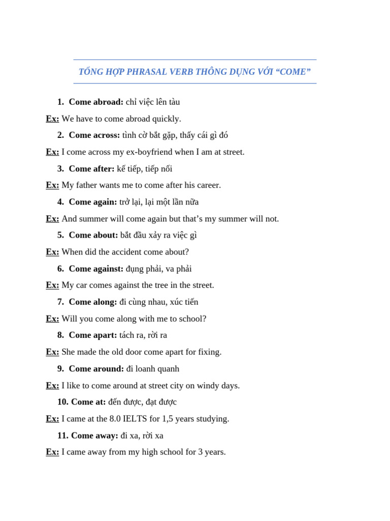 T NG H P Phrasal Verb Thông D NG V I Come | PDF