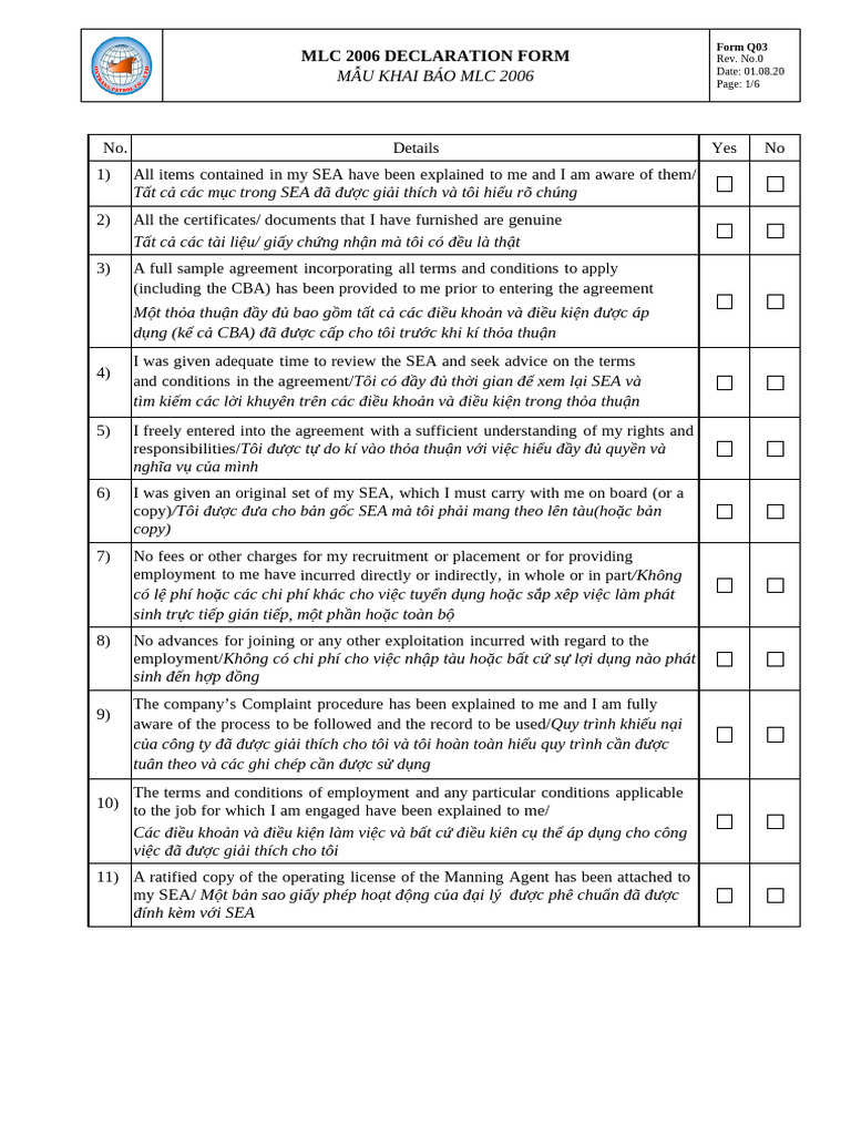 Form Q03 - MLC - 2006 Declaration | PDF