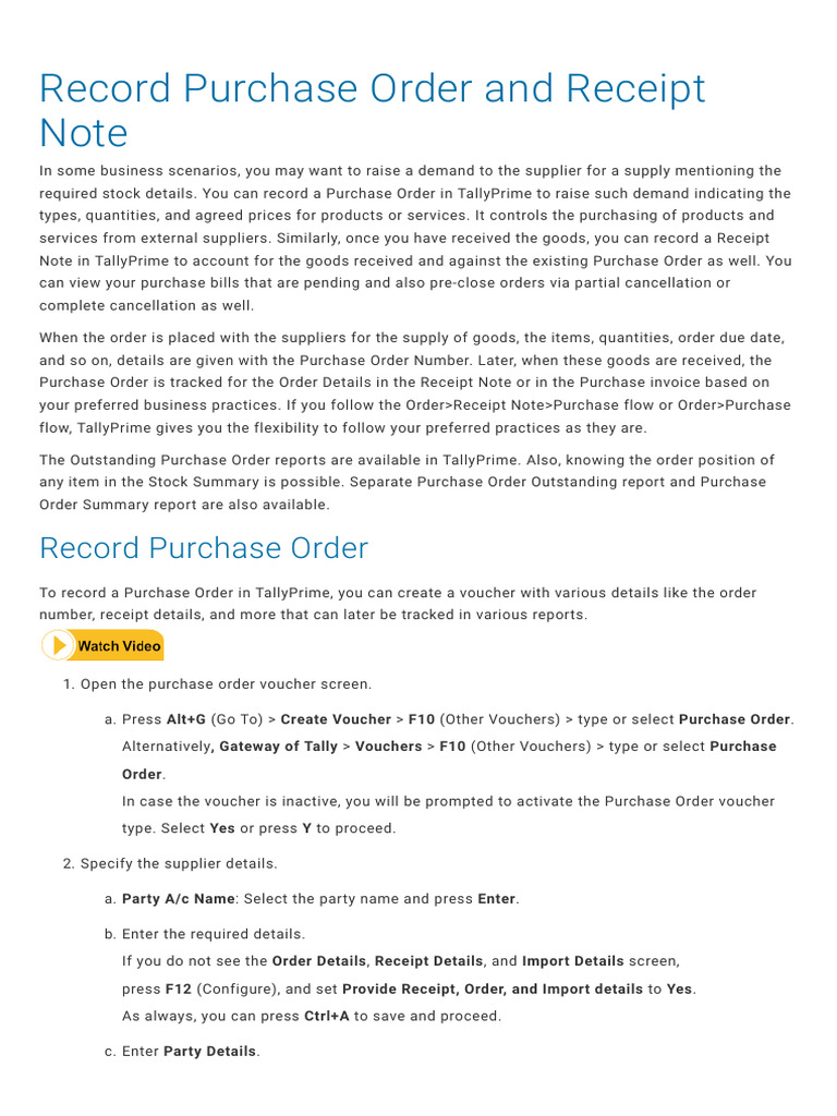 Record Purchase Orders in TallyPrime | PDF | Voucher | Receipt