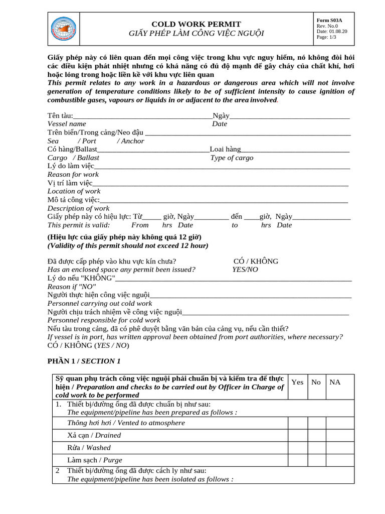 Form S03a - Cold Work Permit | PDF