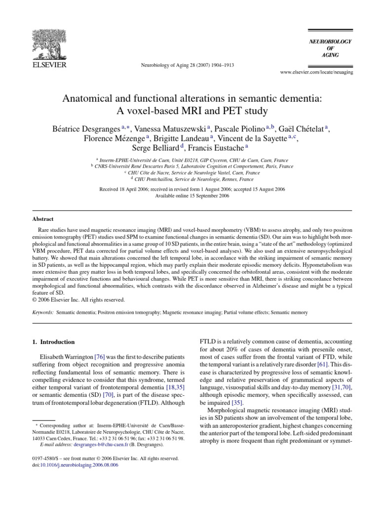 MRI and PET Study of Semantic Dementia | PDF | Positron Emission ...