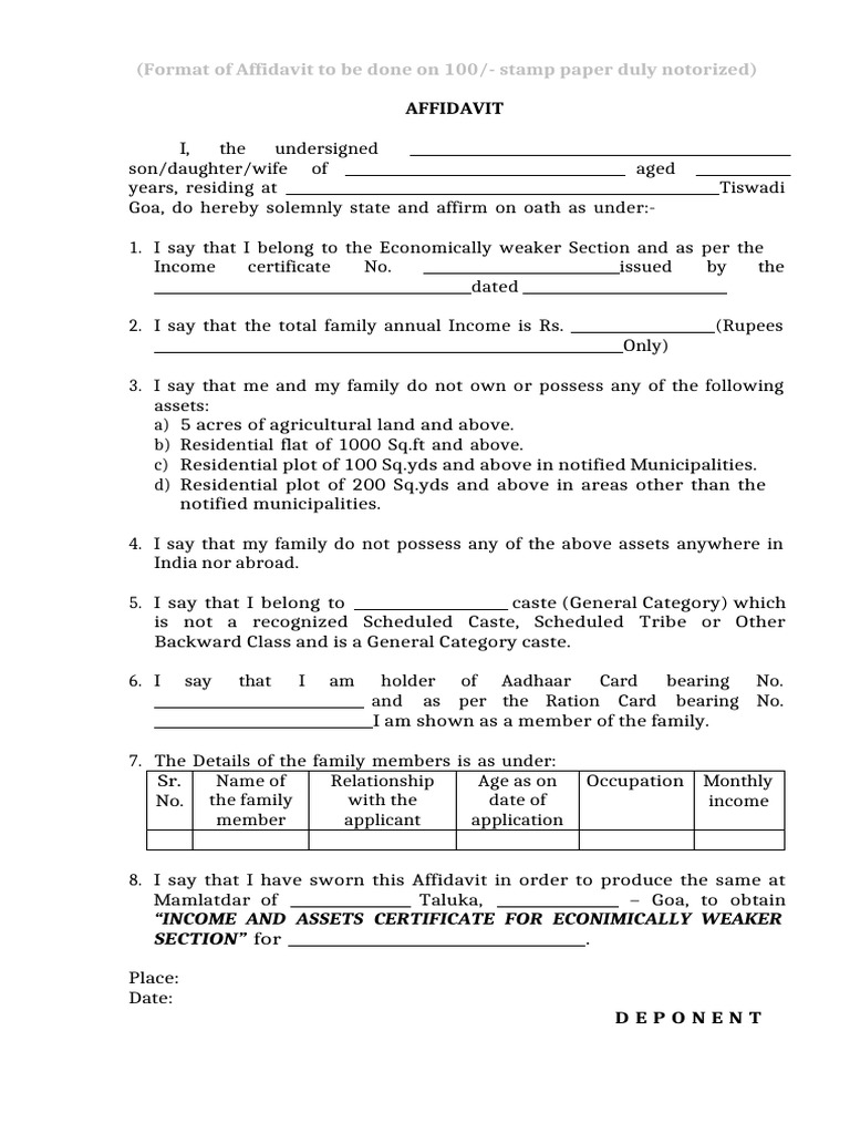 Affidavit for Income Certificate (EWS) | PDF