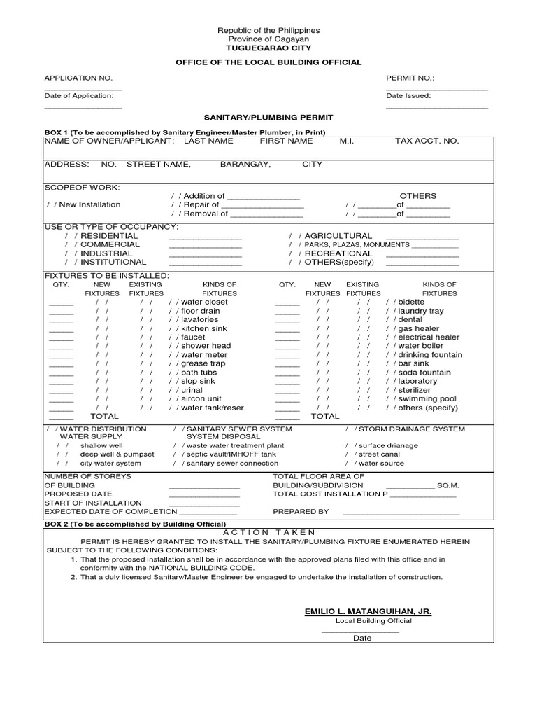Sanitary Plumbing Permit Application Form | PDF | Plumbing | Water