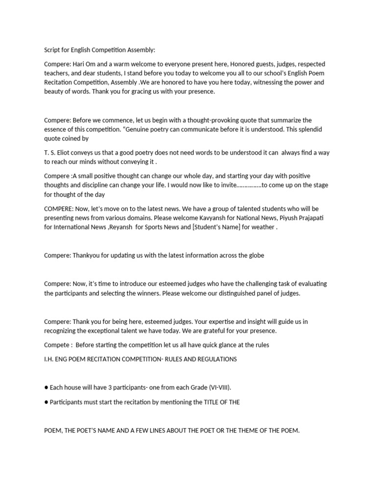 English Poem Recitation Competition Script | PDF