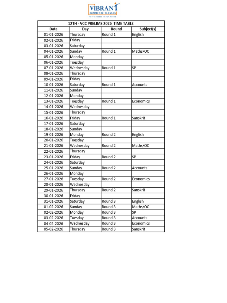 12th VCC Prelims 2026 Schedule | PDF