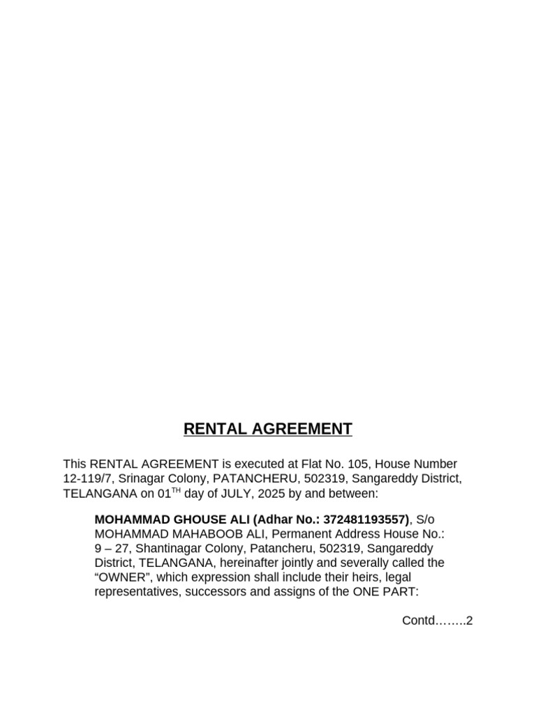 Rental Agreement for Patancheru Property | PDF | Leasehold Estate | Lease