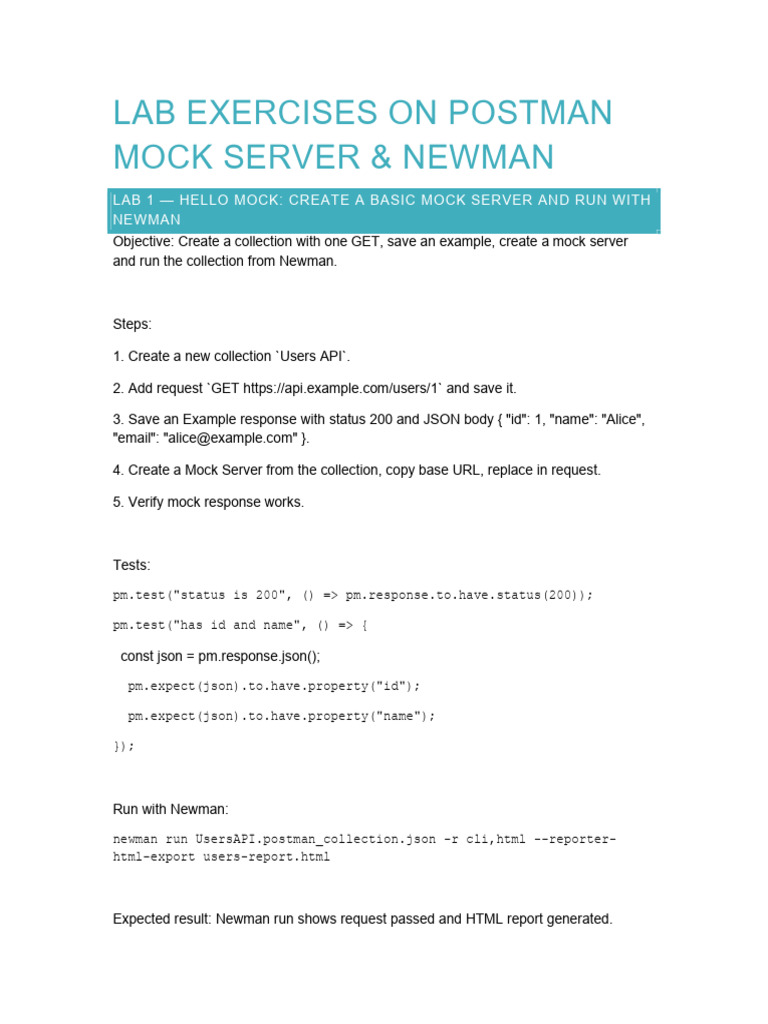 Postman Mock Server & Newman Labs Guide | PDF | Json | Software Development