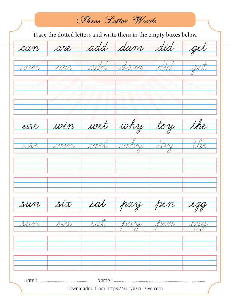 Cursive Three Letter Words Worksheet | PDF