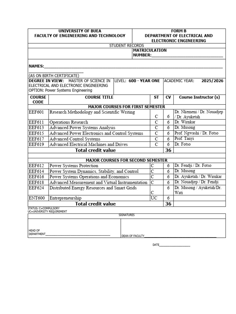 Form-B- EE-MSc (Eng) - Year One (Power) | PDF | Engineering
