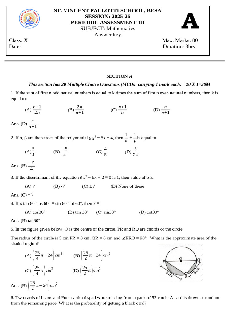 Mathematics MCQs and Solutions for Class X | PDF | Circle ...