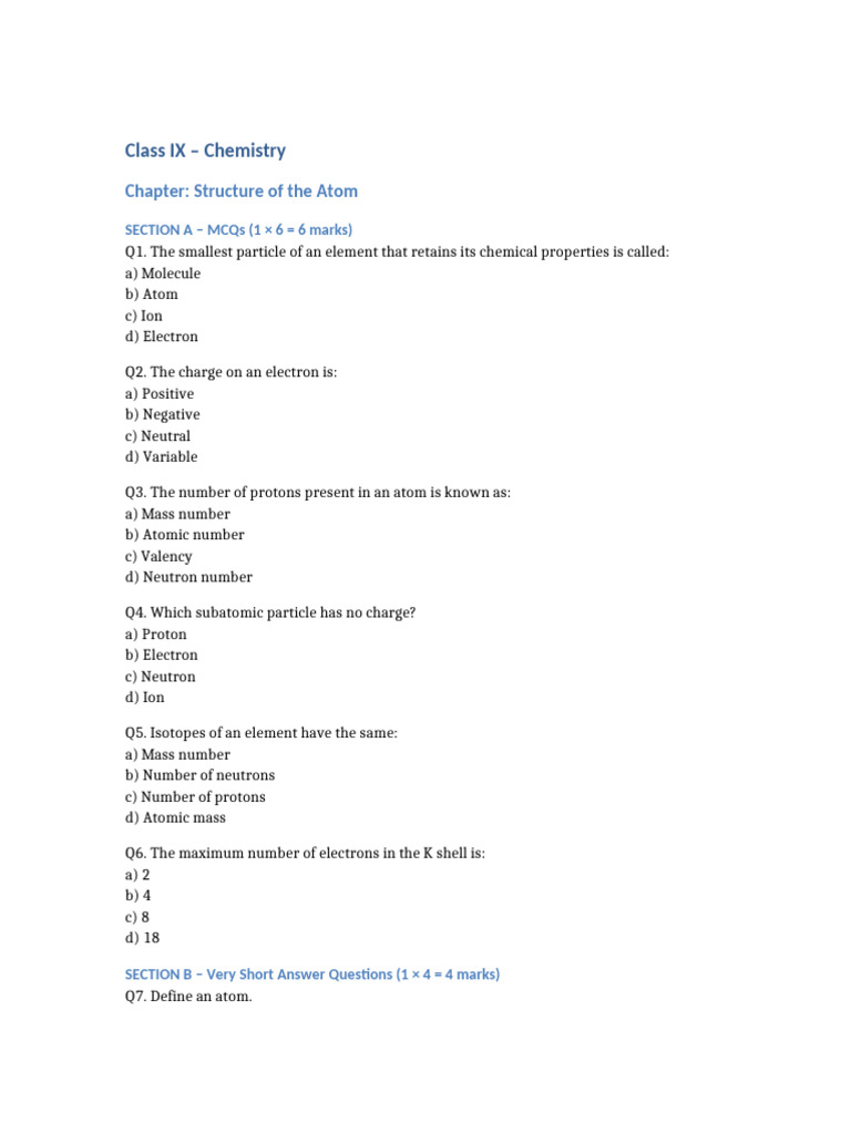 Class IX Chemistry: Atom Structure MCQs | PDF