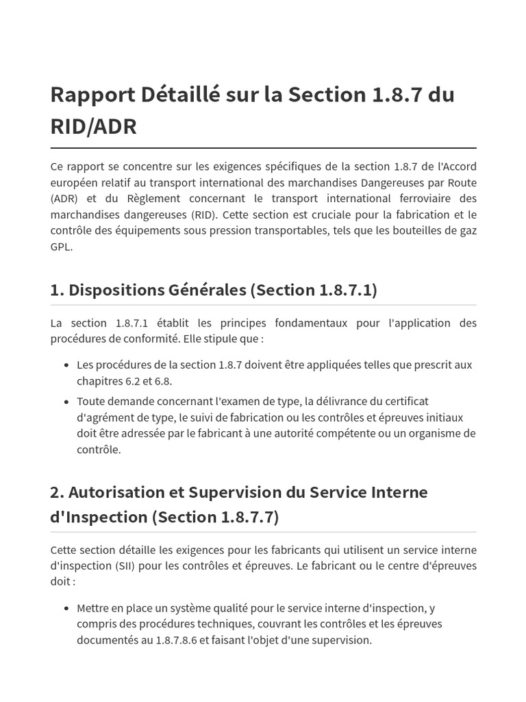 Exigences Section 1.8.7 RID/ADR | PDF