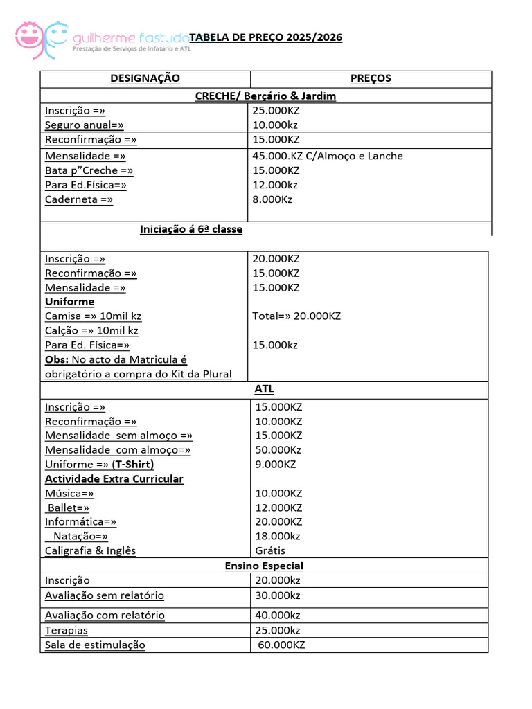 Tabela de Preços 2025/2026 para Educação | PDF