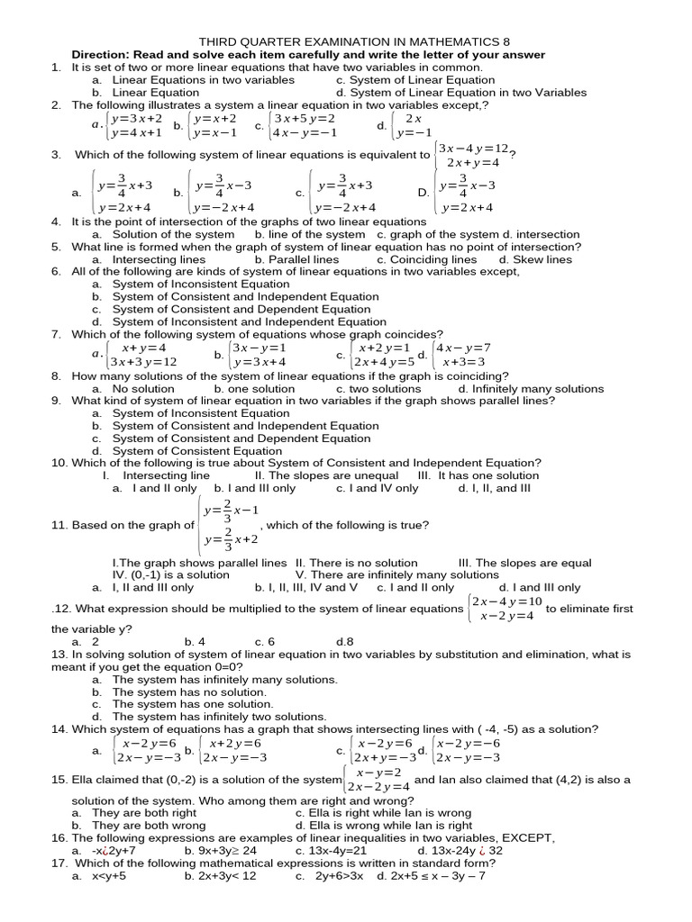 Math 8 Third Quarter Exam Guide | PDF | Equations | System Of Linear ...