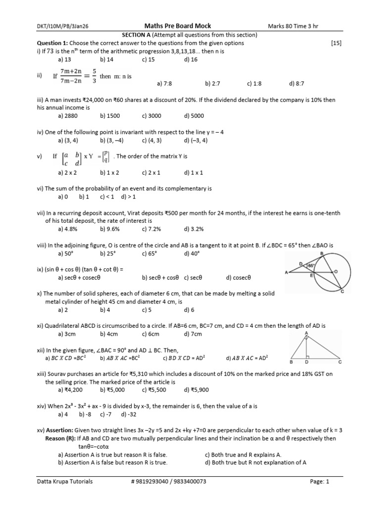 Maths Pre Board Mock Exam Paper | PDF | Classical Geometry | Geometry