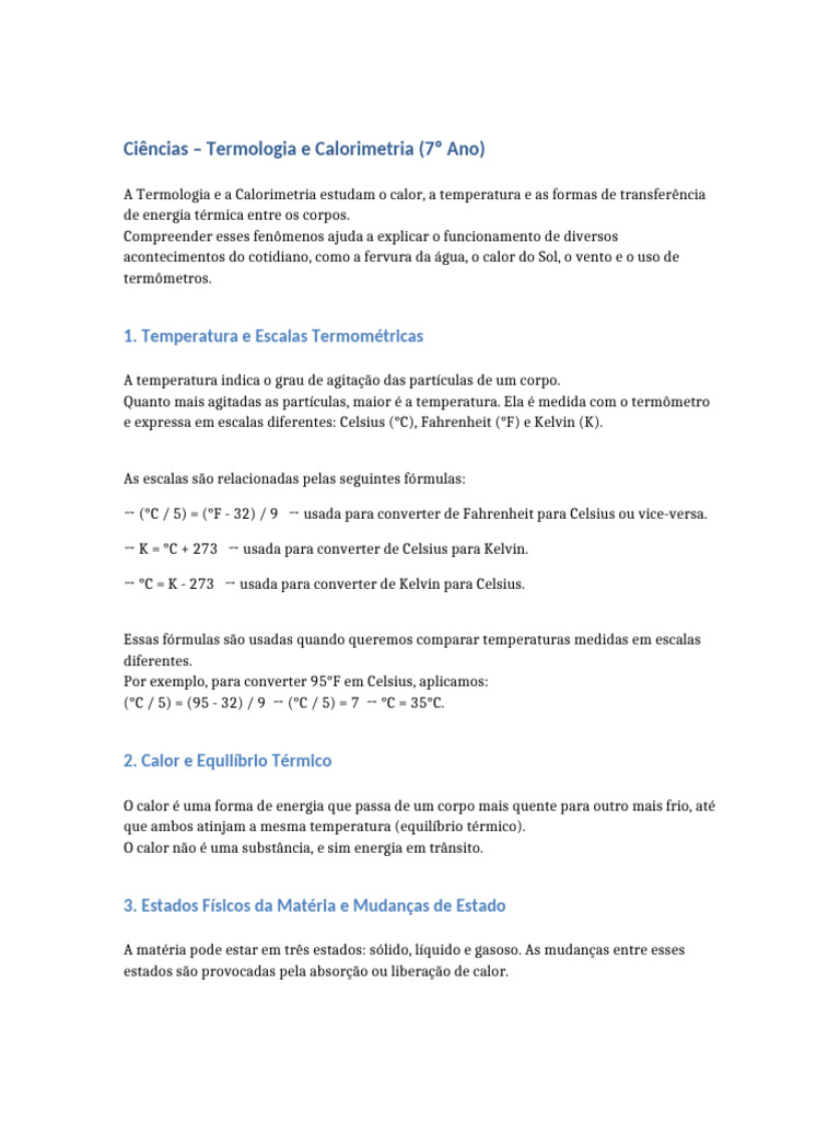 Termologia e Calorimetria para 7º Ano | PDF | Calor | Temperatura