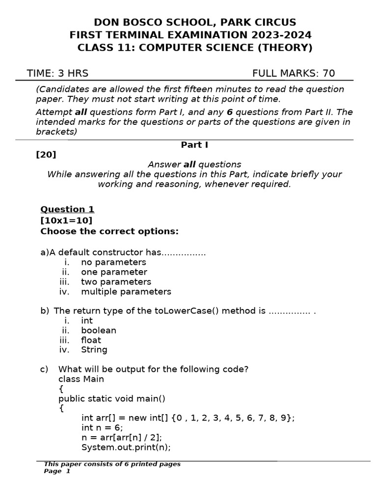 Class 11 Computer Science Exam Paper | PDF | Computer Programming ...