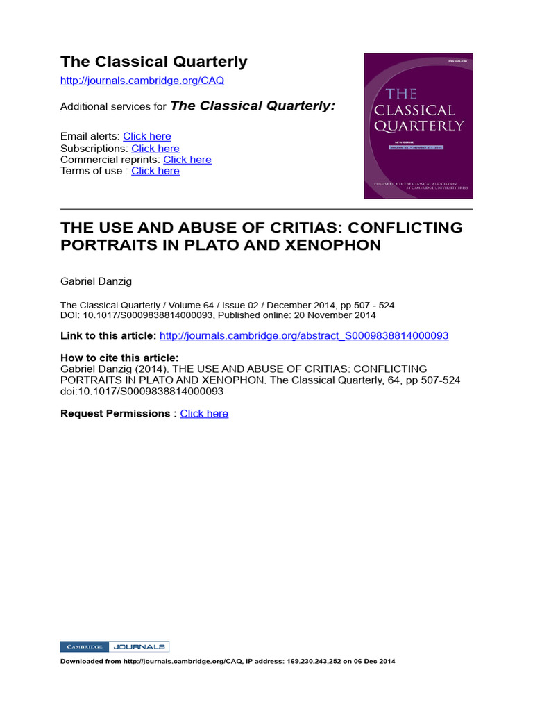 Critias in Plato vs. Xenophon: A Study | PDF | Socrates | Plato