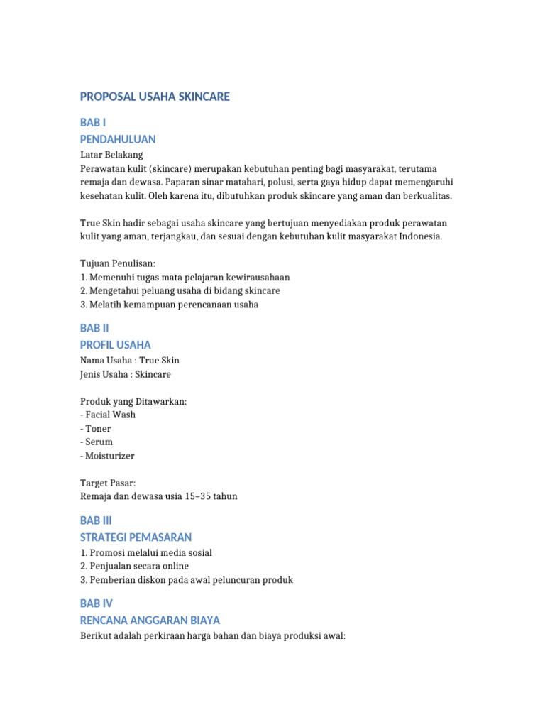 Proposal Usaha Skincare True Skin | PDF