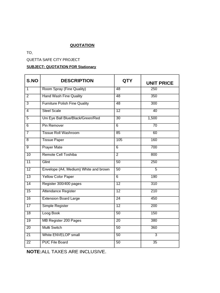 Quetta Safe City Stationery Quotation | PDF