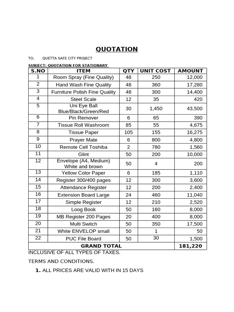 Quetta Safe City Project Stationery Quotation | PDF