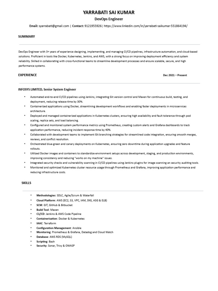 DevOps Engineer Resume - Yarrabati Sai Kumar | PDF | Cloud Computing ...