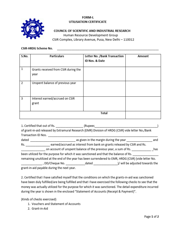 CSIR Grant Utilization Certificate Template | PDF | Financial Services