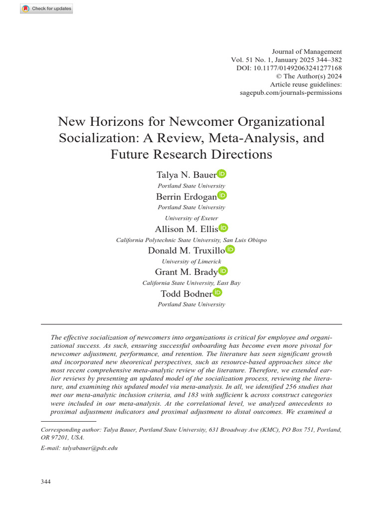 Bauer Et Al 2024 New Horizons For Newcomer Organizational Socialization ...