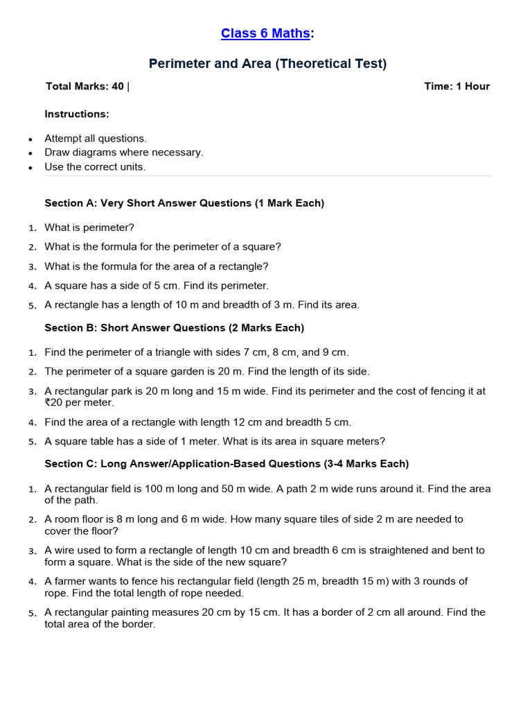 Class 6 Maths: Perimeter & Area Test | PDF