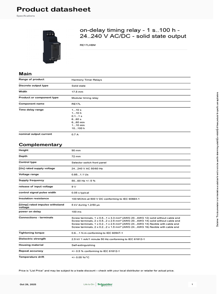 On-Delay Timing Relay RE17LHBM Specs | PDF | Alternating Current | Relay