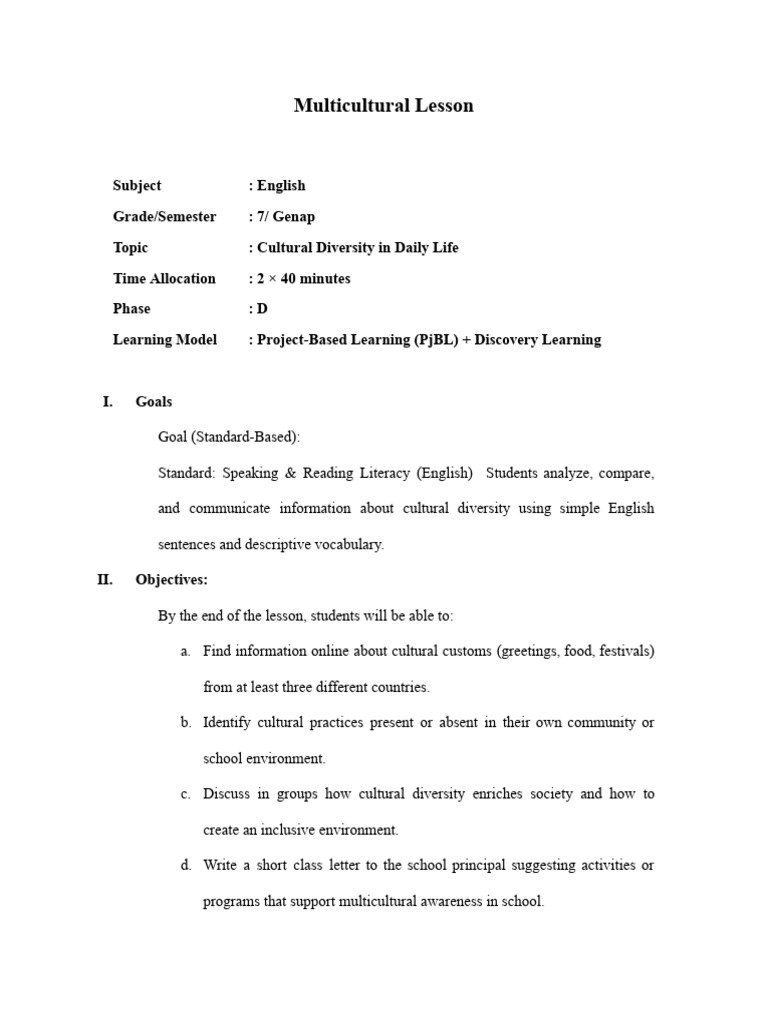 Multicultural Diversity Lesson Plan | PDF | Reading Comprehension ...