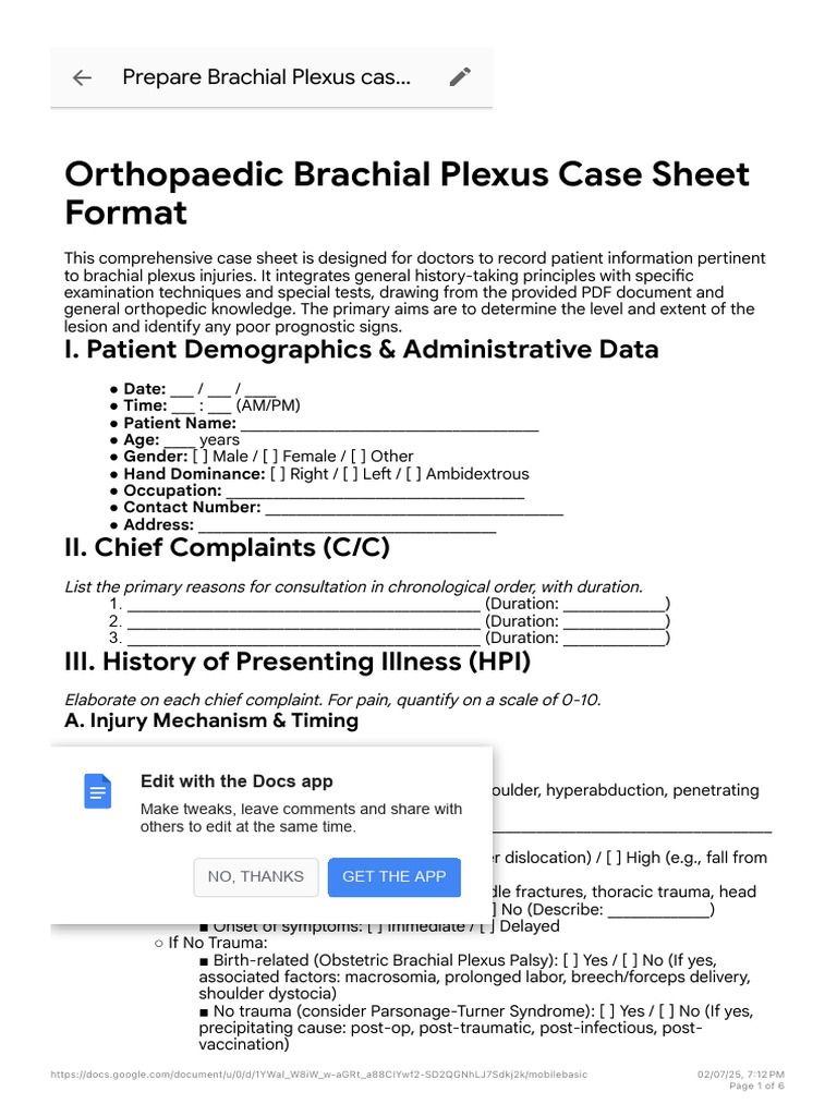 Brachial Plexus Case Sheet | PDF | Anatomical Terms Of Motion | Arm