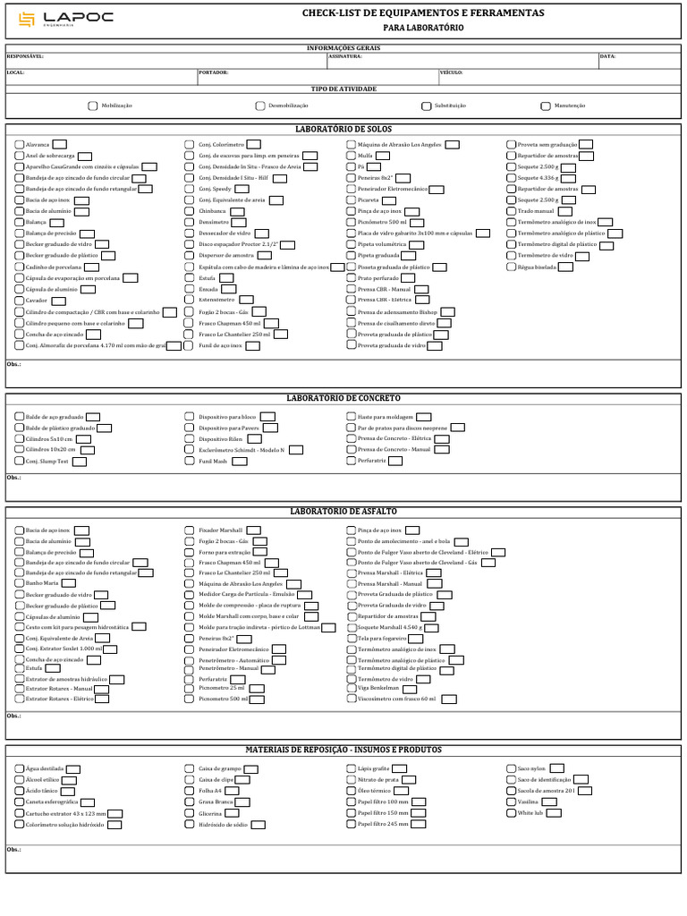 Check-List Equipamentos de Laboratório | PDF