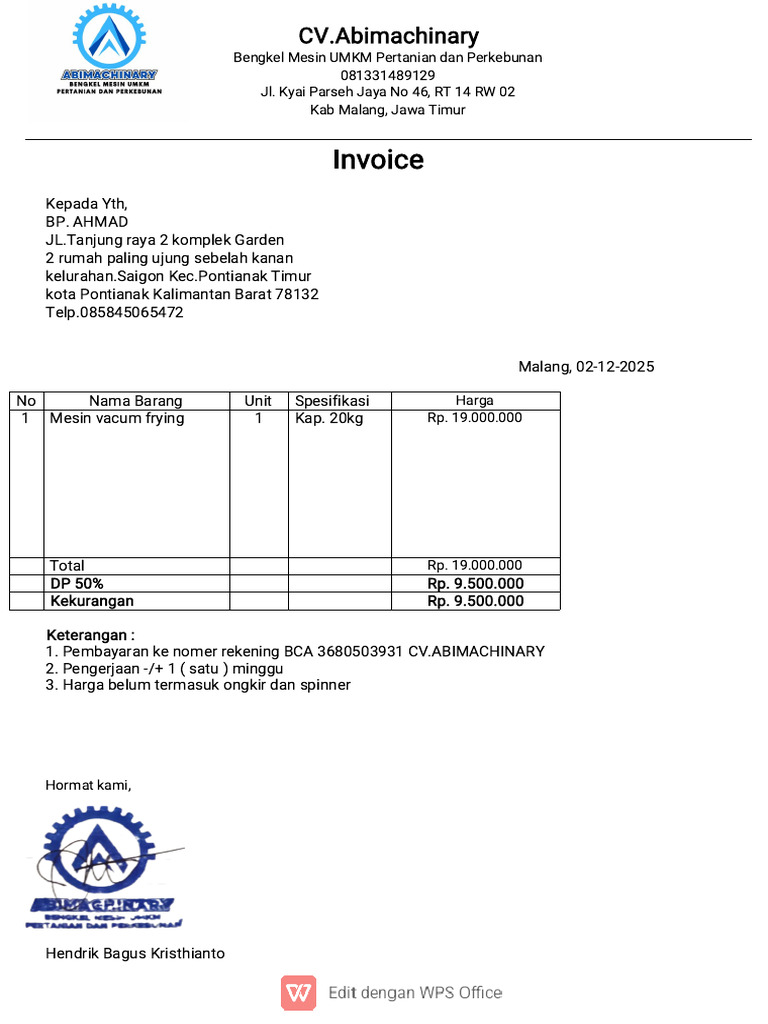 Invoice Mesin Vacum Frying Kap. 20kg Pontianak | PDF