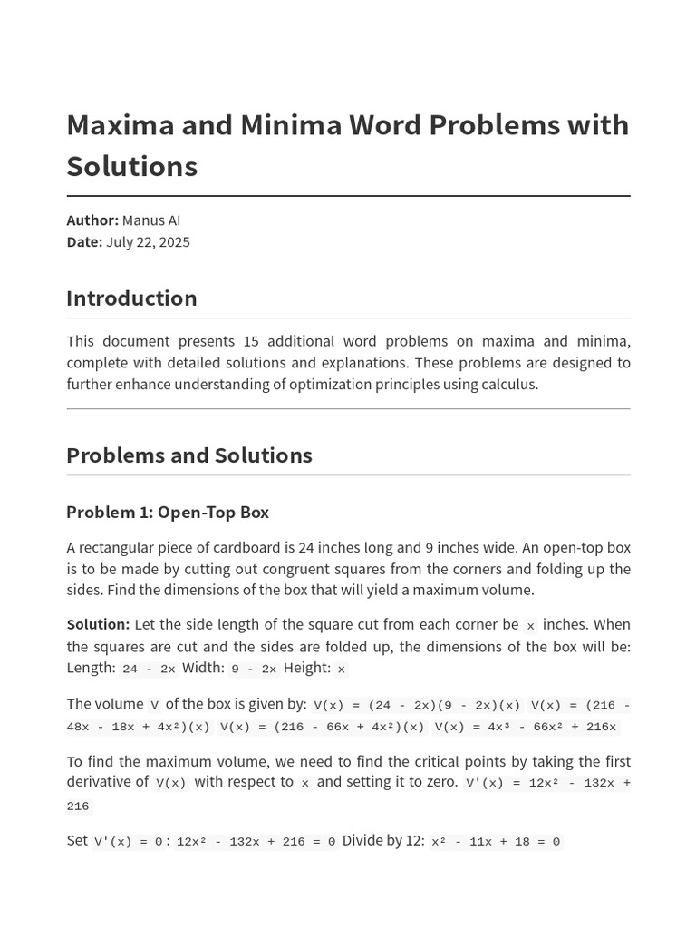 Maxima and Minima Word Problems Solutions | PDF | Area | Profit (Economics)