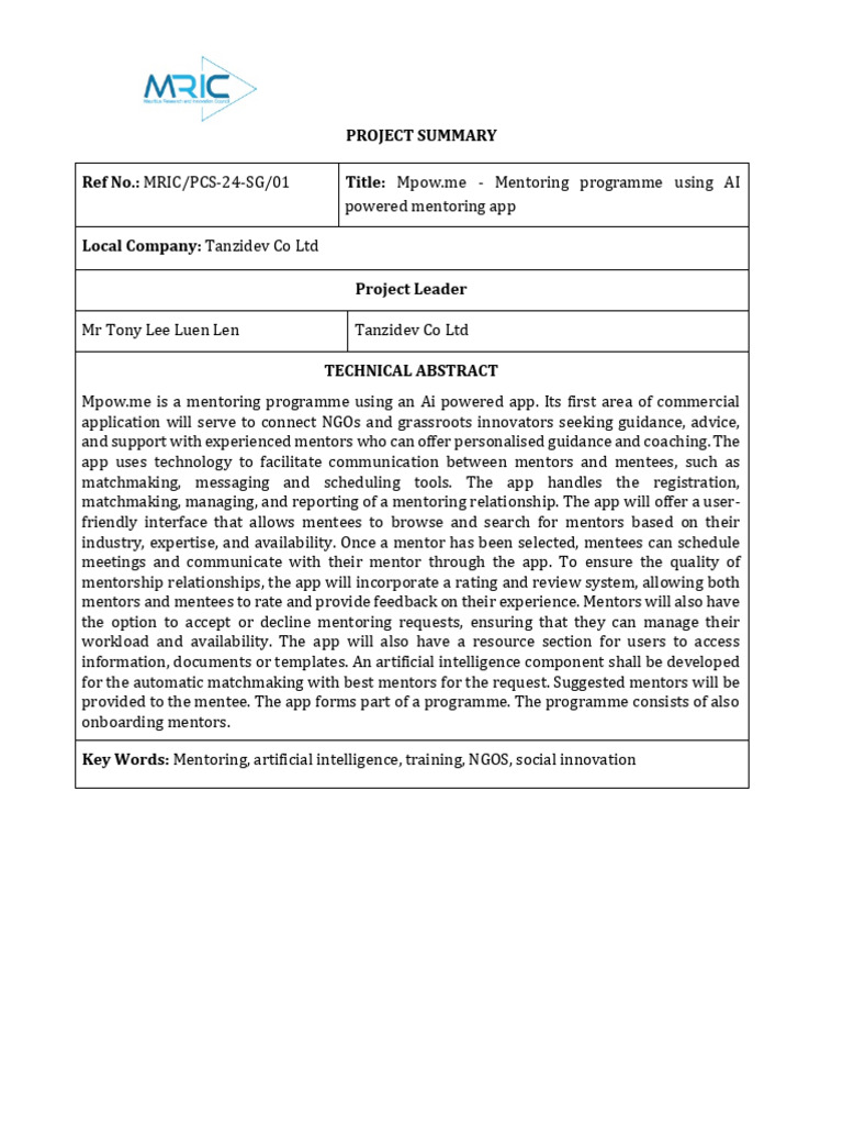 MRIC PCS 24 SG 01 Project Summary (2) | PDF