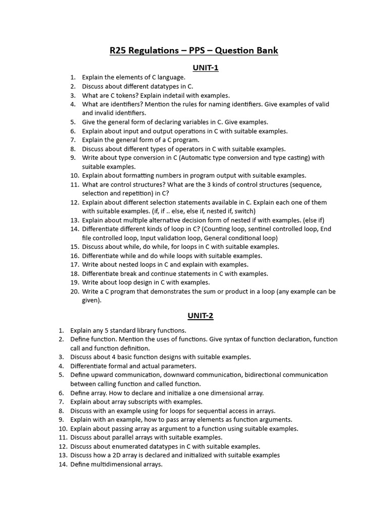 C Language Exam Question Bank | PDF | Parameter (Computer Programming ...