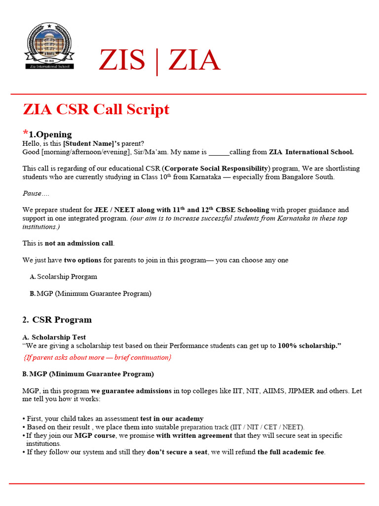 ZIA CSR Program Call Script | PDF | Science Education | Vocational ...