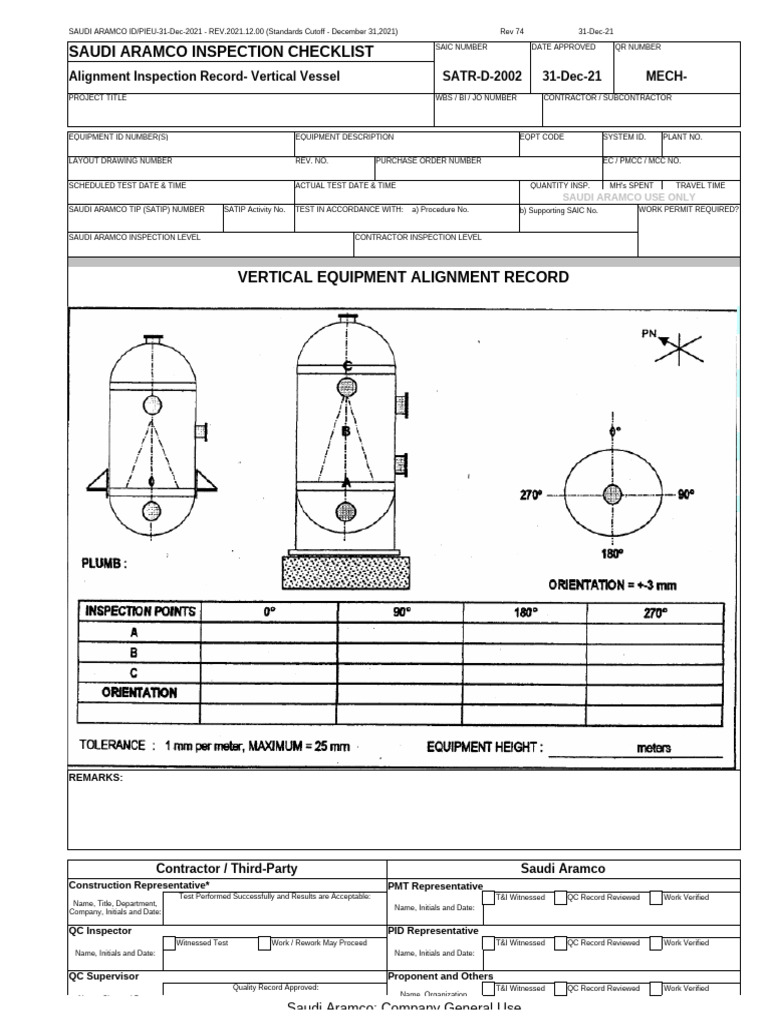 Saudi Aramco Vertical Vessel Inspection Checklist | PDF