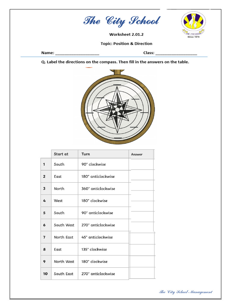 Class 4 Math: Compass Directions Worksheet | PDF