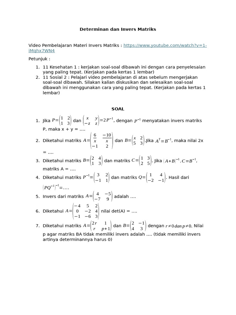 Tugas Determinan Dan Invers Matriks | PDF