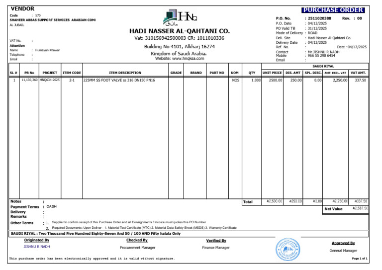 Po# 388 Shaheer Abbas -Ss 225foot Valve | PDF | Business Documents ...