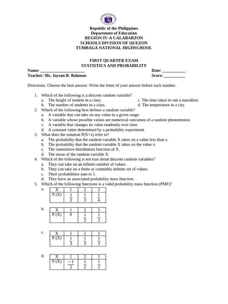 STATISTICS & PROBABILITY | PDF | Probability Distribution | Random Variable