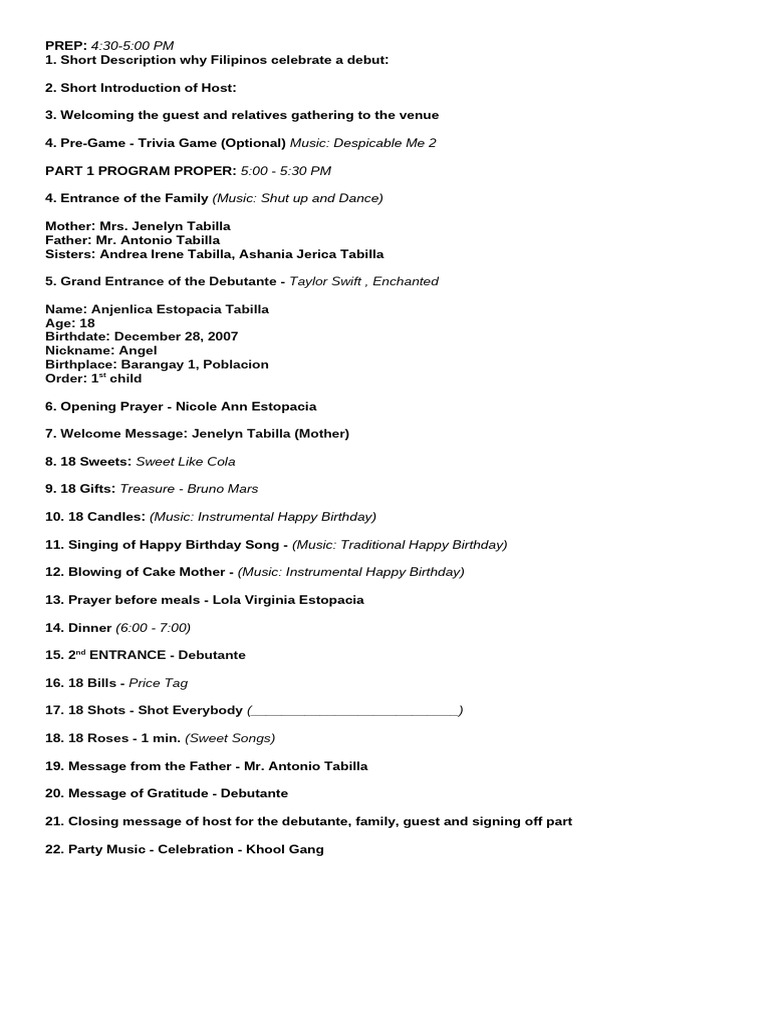 Anjenlica's 18th Birthday Debut Program | PDF