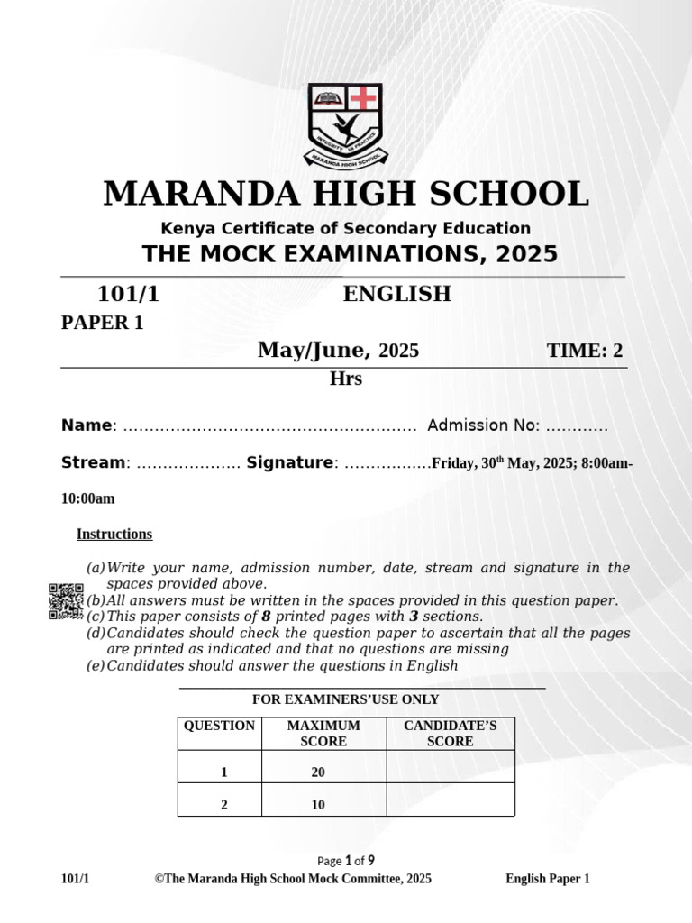 Maranda High School KCSE Mock Exam 2025 | PDF