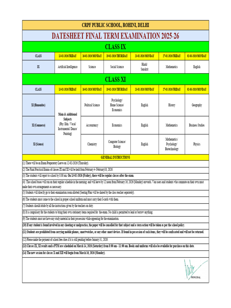 CRPF School Final Exam Datesheet 2025-26 | PDF