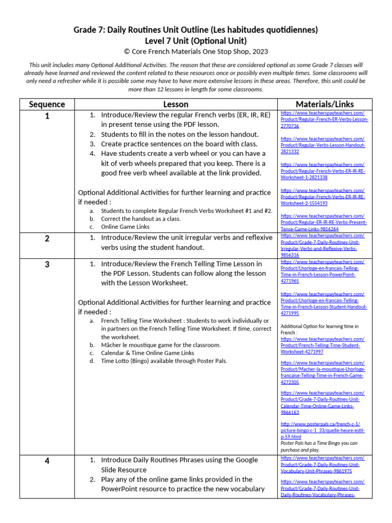 Grade7SKLevel7CoreFrenchDailyRoutinesUnitOutline-1 | PDF | Linguistics ...