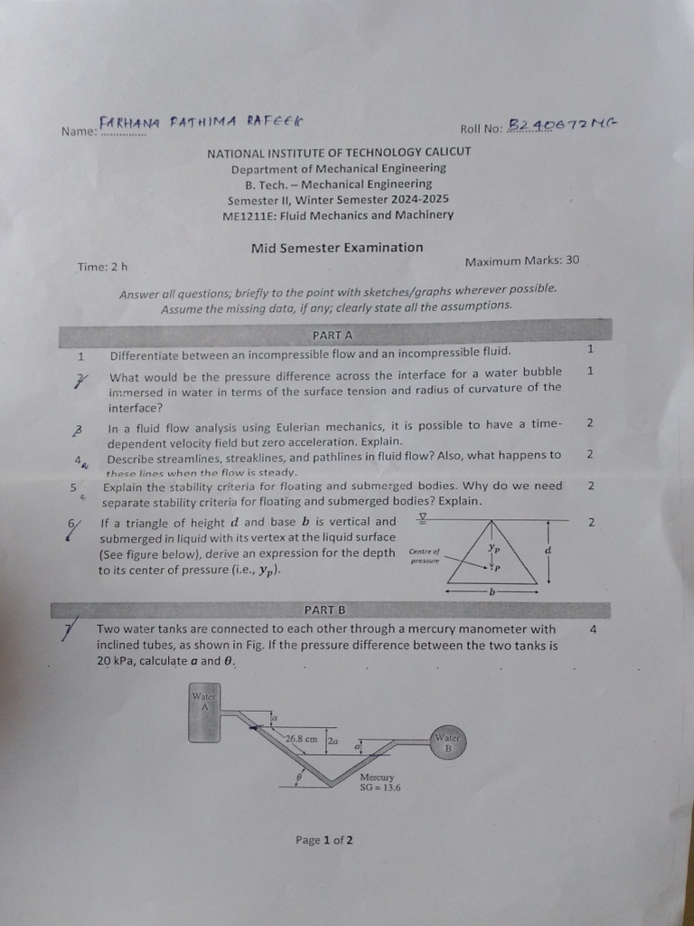 Fluid Mechanics Mid Exam Questions | PDF | Pressure | Fluid Dynamics