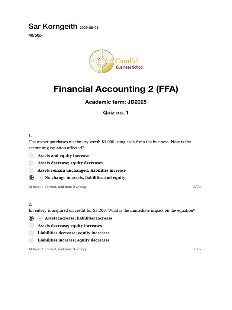 Financial Accounting Quiz FFA JD2025 | PDF | Equity (Finance ...